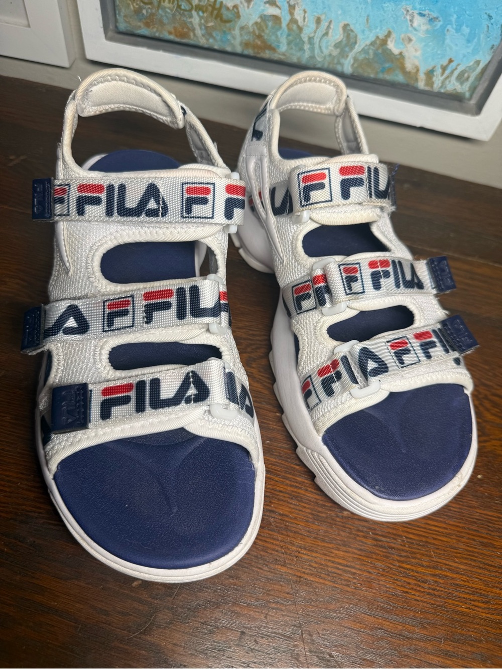 FILA Disputer White Multi-Strap Sandals with Navy Footbed and Red Logo Accents